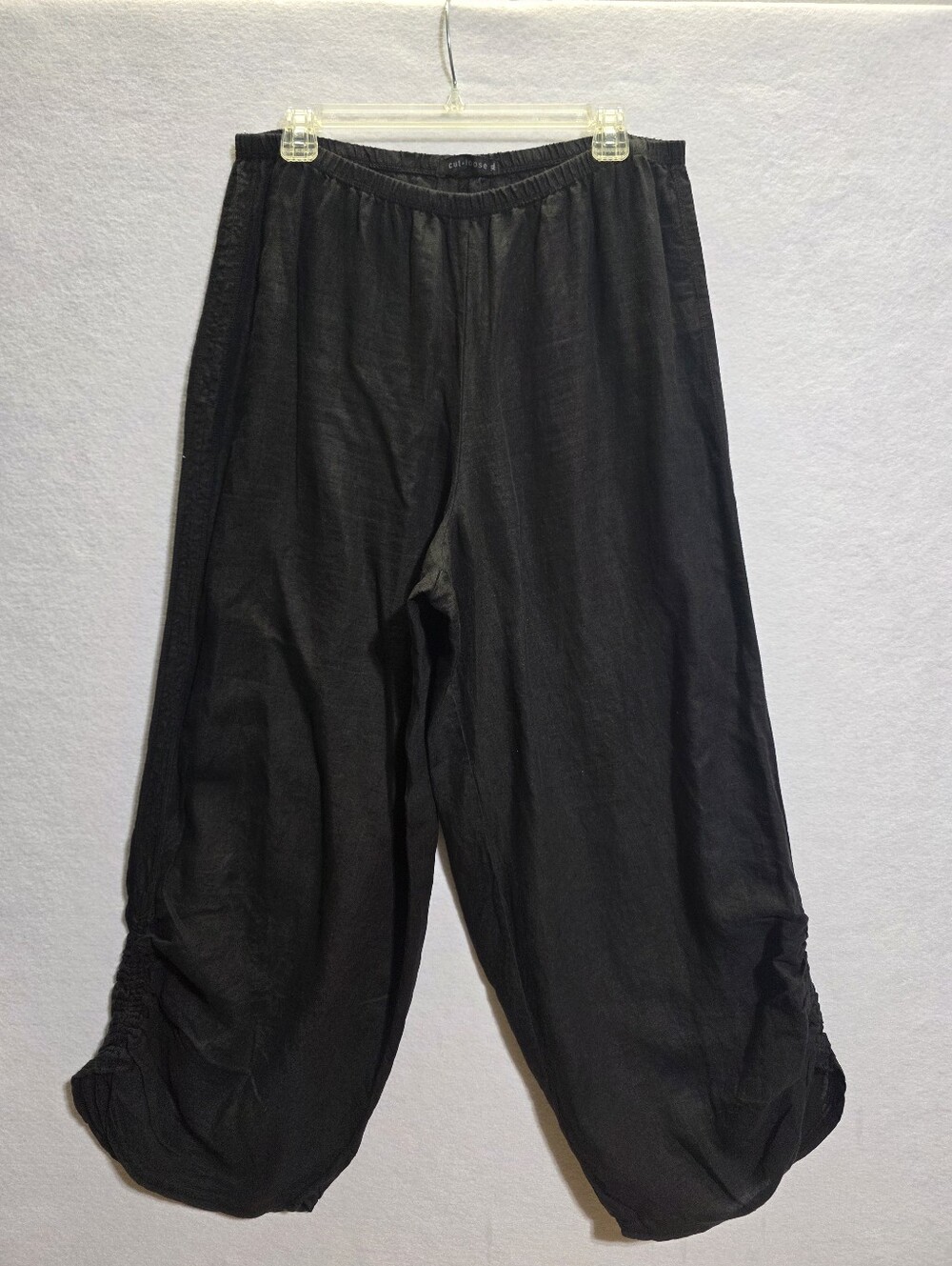 CUT LOOSE BLACK 100% LINEN LANTERN PANTS RUCHED HEM SZ XL - Picture 2 of 9